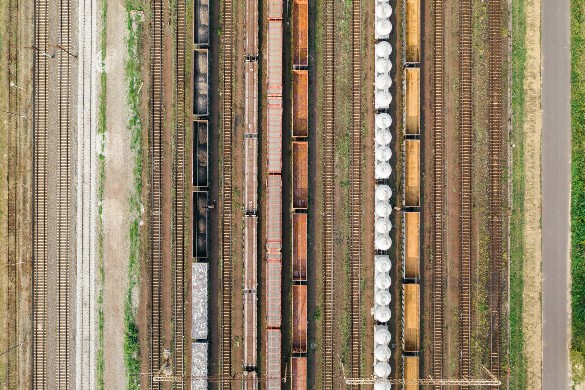 High-angle view of freight trains and tracks in Poznań, Poland.