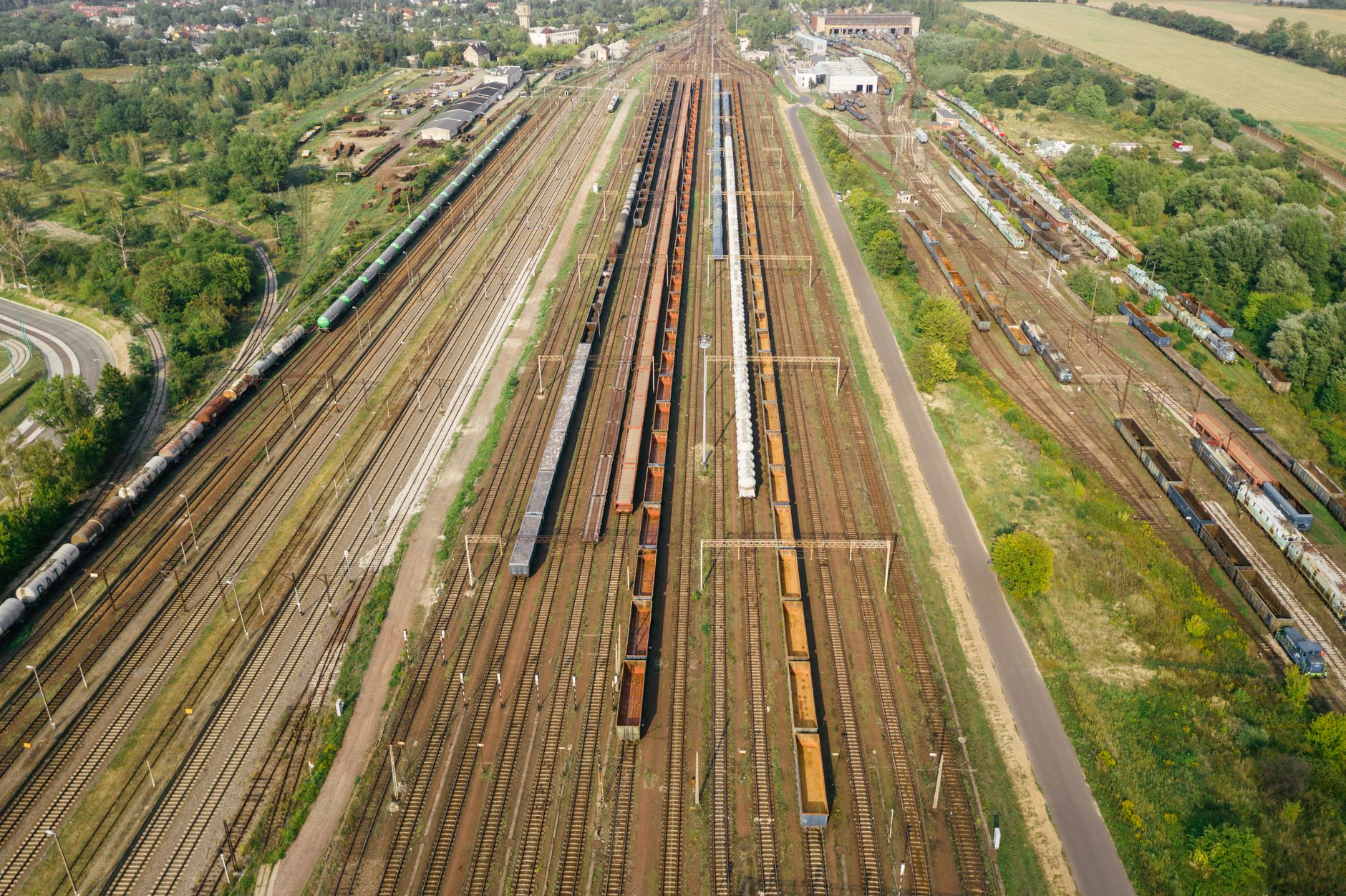 Explore the extensive railway yard in Poznań, showcasing logistics and transportation infrastructure.