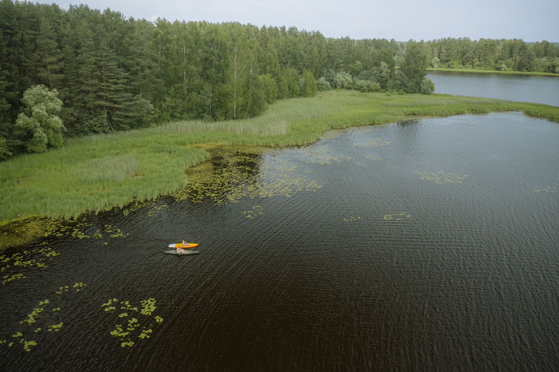 Aerial view of a kayaker on a serene river surrounded by lush greenery in Tver Oblast, Russia.