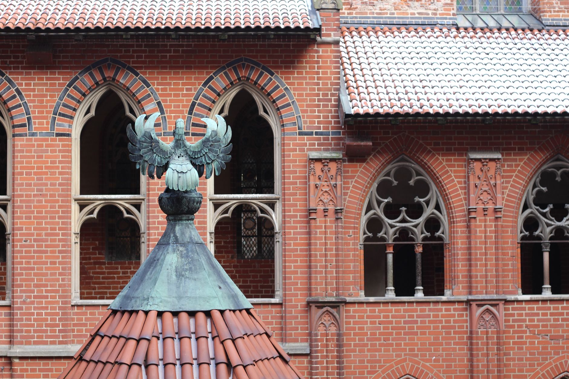 Detailed view of Gothic architecture at Malbork Castle, Pomerania, Poland.