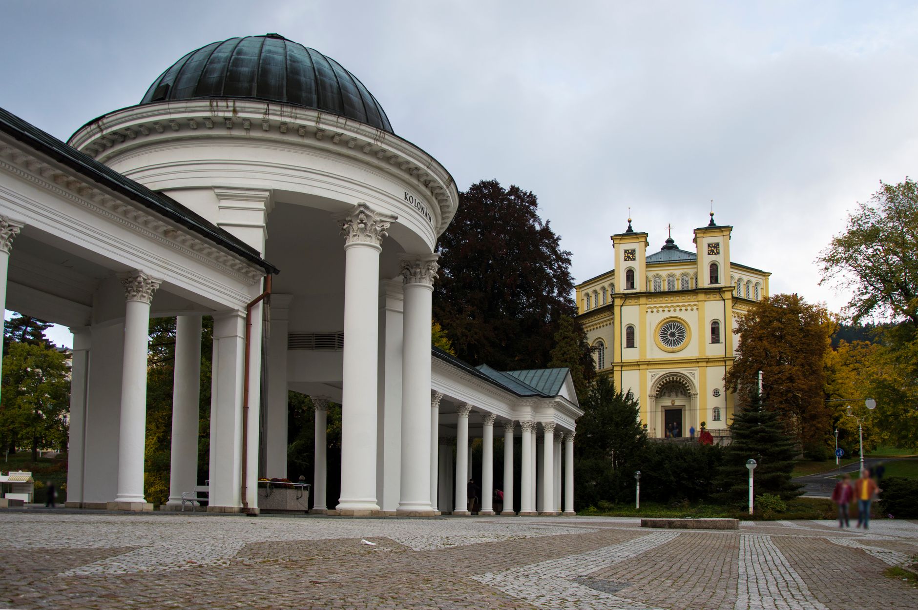 Beautiful view of a colonnade and church in Mariánské Lázně, a famous spa town in Czech Republic.