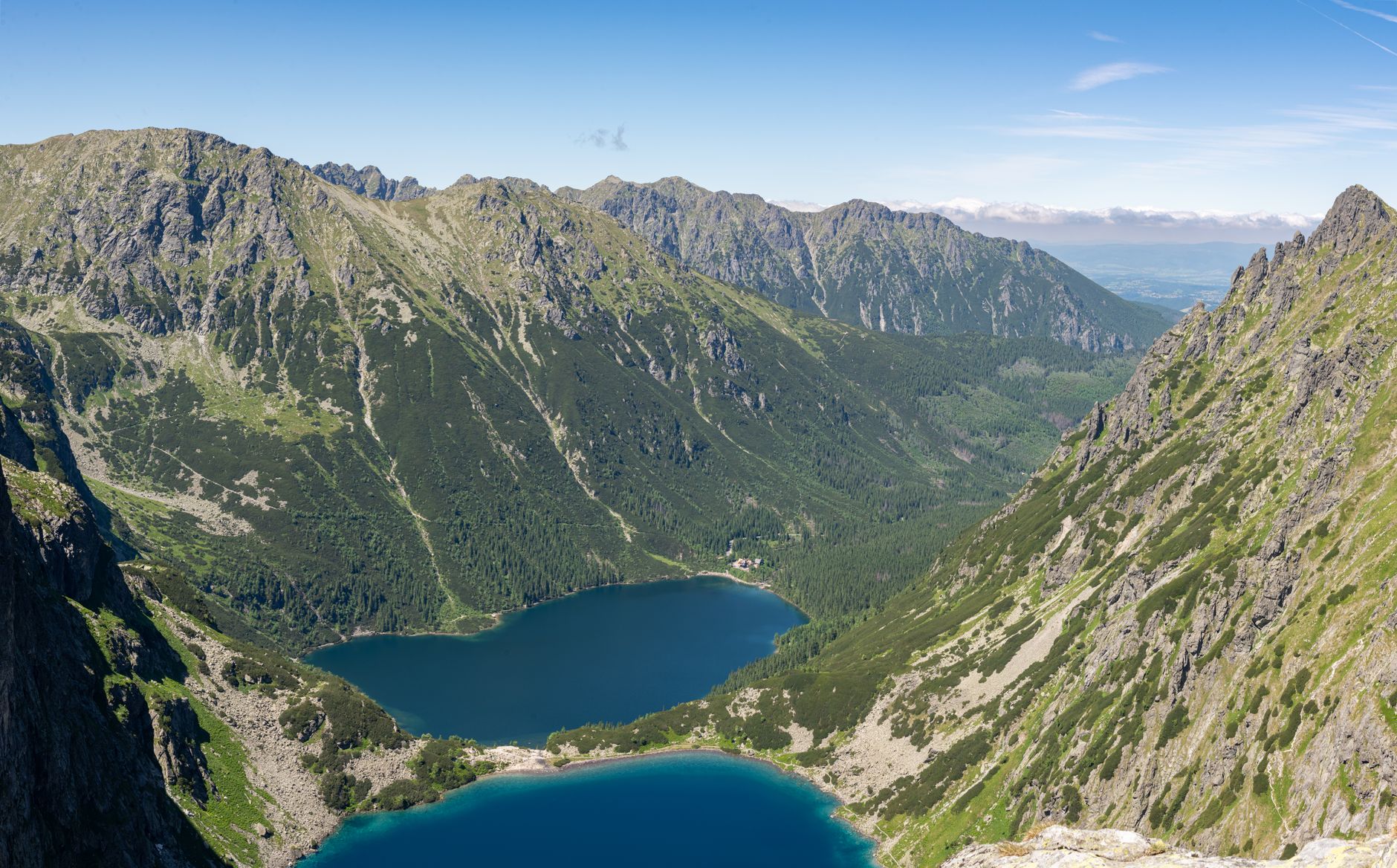 Panoramic view of mountain lakes and peaks in Tatra National Park, Zakopane, Poland.