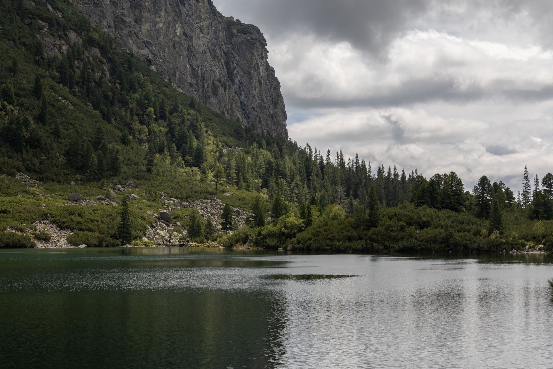 Beautiful Tatra mountain landscape with a serene lake and lush forest under cloudy skies.