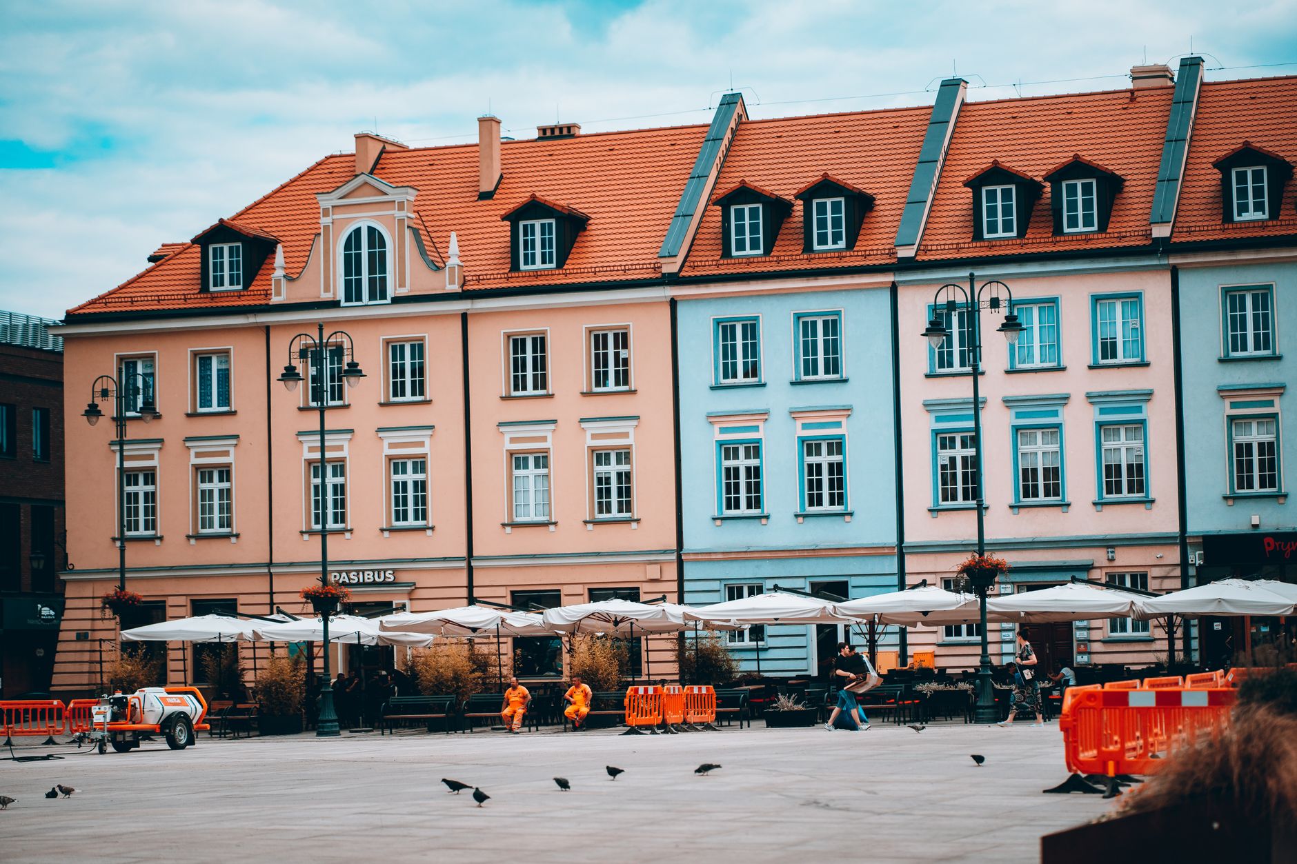 Charming European architecture in main square of Bydgoszcz, Poland with colorful facades.
