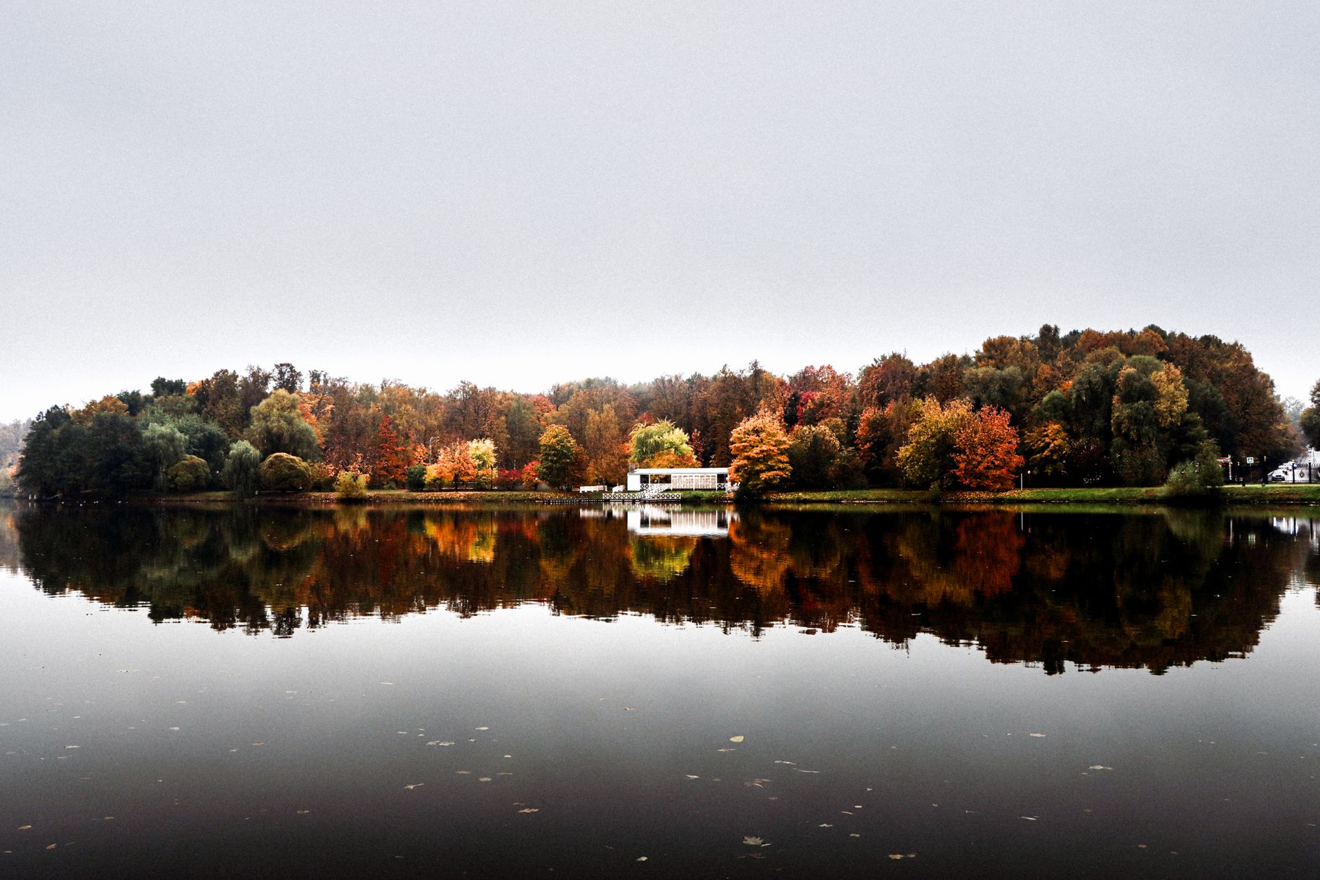 Peaceful autumn scene with colorful trees reflecting on a still lake, creating a tranquil landscape.