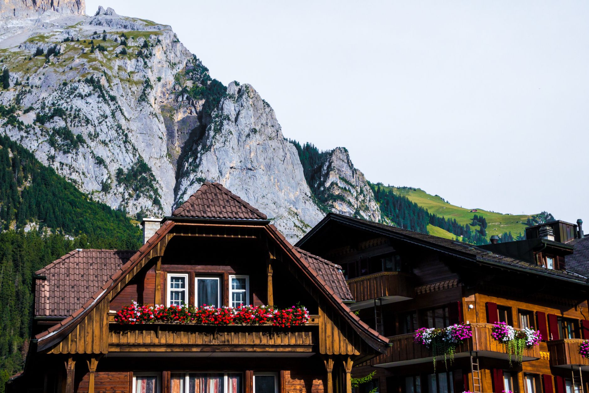 Rustic wooden houses with vibrant flower boxes set against majestic alpine mountains.