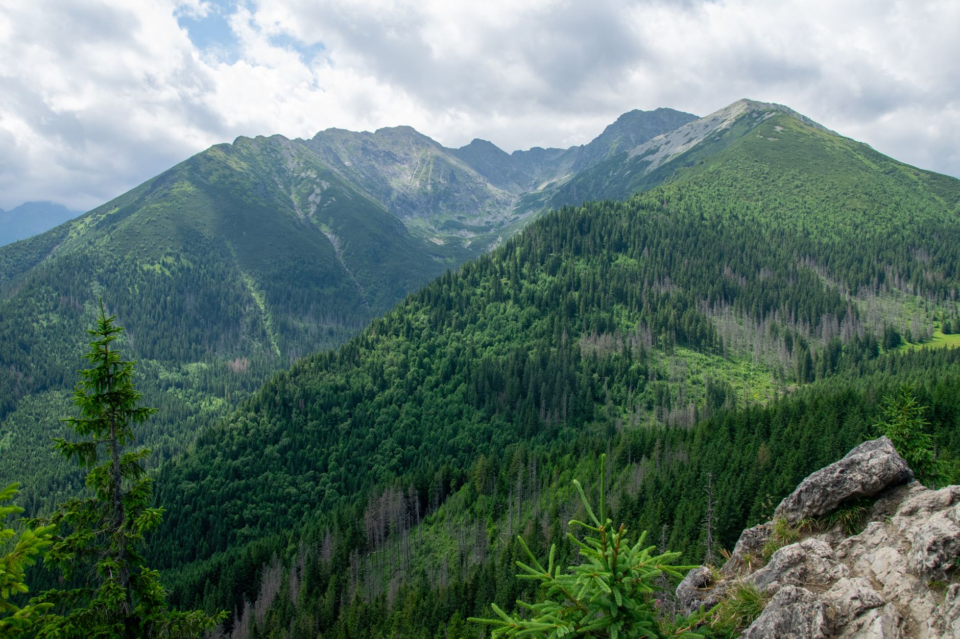Lush green mountainous landscape under a cloudy sky, perfect for nature enthusiasts.
