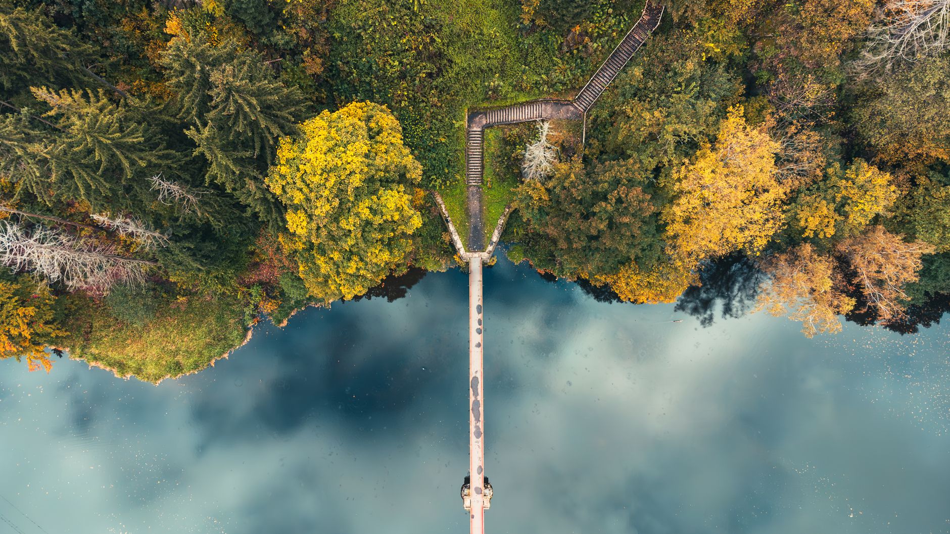 Stunning aerial view capturing autumn foliage reflection in a serene lake in Siedlęcin, Poland.