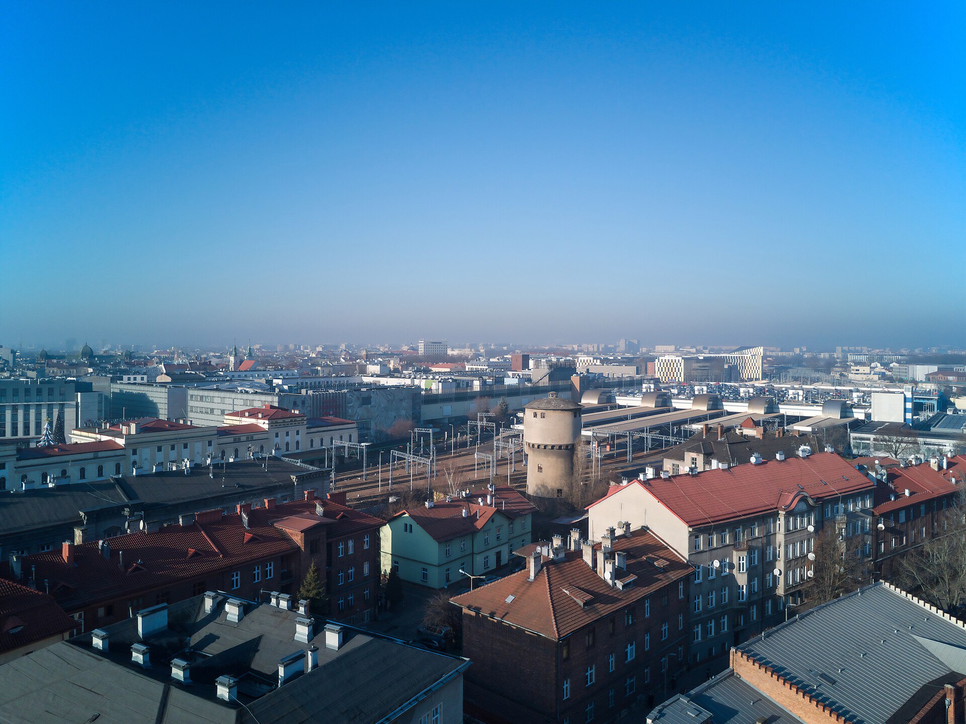 Aerial view of Kraków Główny station and Bosacka Street buildings, Poland, December 2025