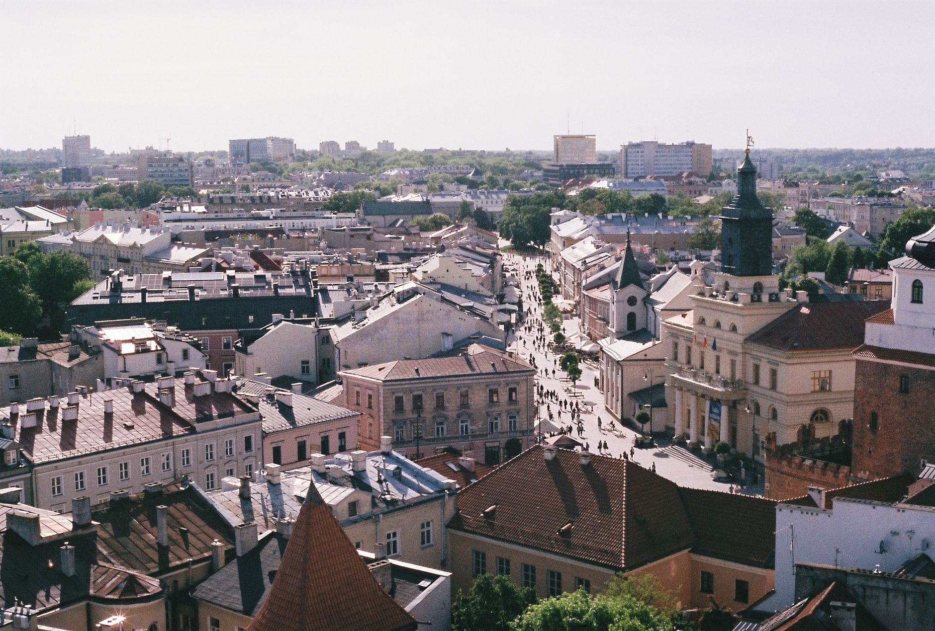 A stunning aerial view of Lublin's architectural heritage featuring the New Town Hall and surrounding buildings.