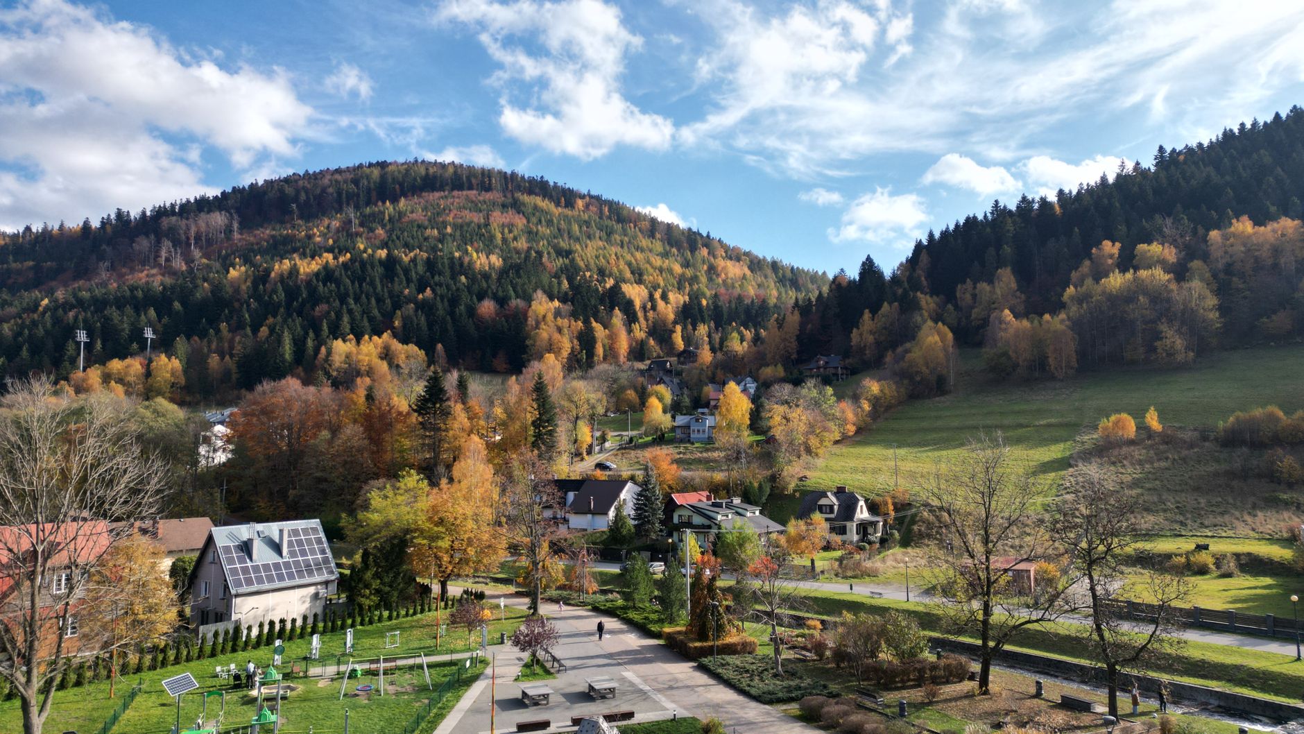 Captivating autumn scenery in Szczyrk, Poland with colorful forests and quaint houses.